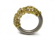 "Fragmentring" mit Brillanten aus Titan und filigranen goldenen Drähten
